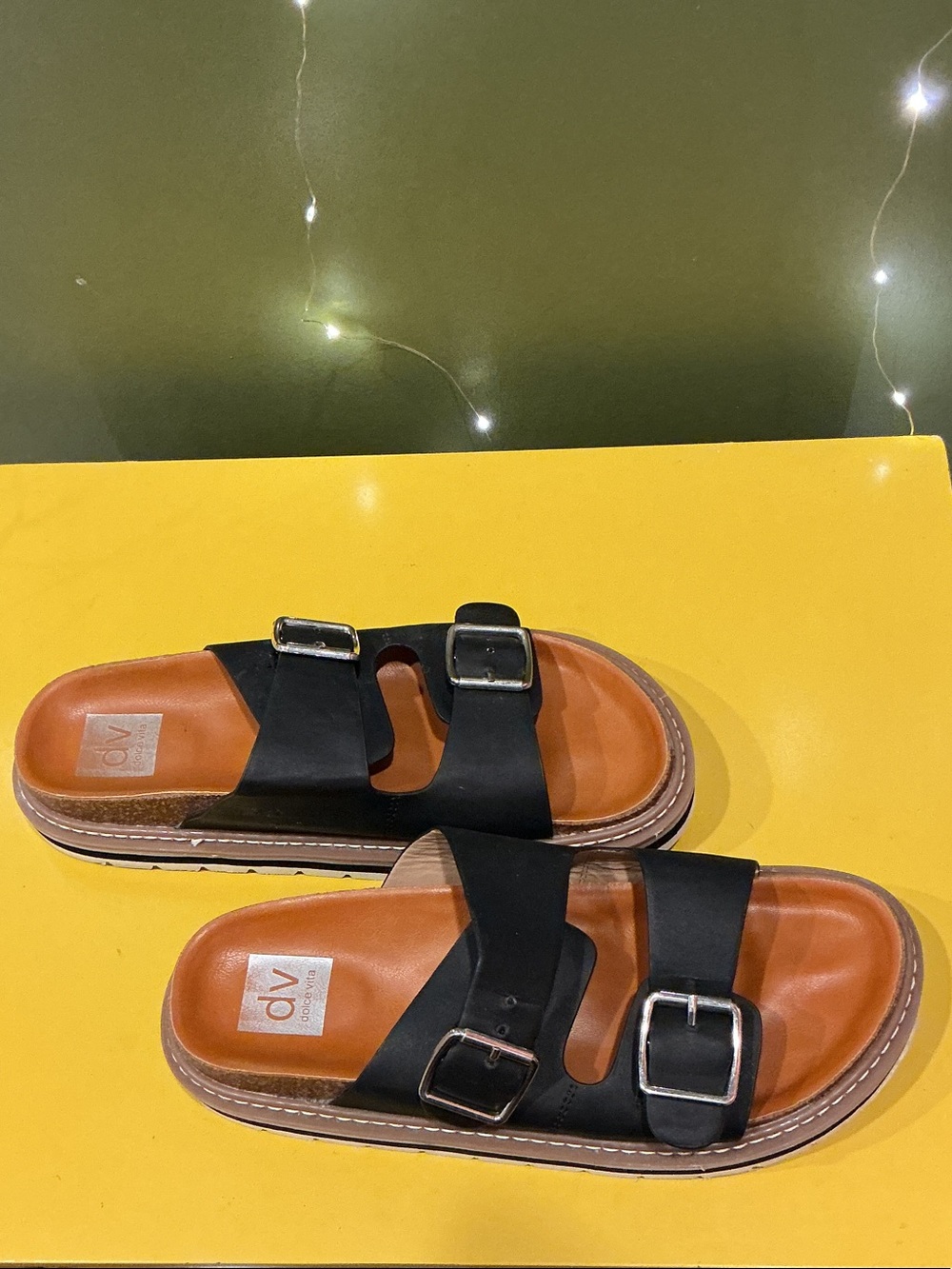 DV by Dolce Vita Black Double-Buckle Slide Sandals with Brown Footbed